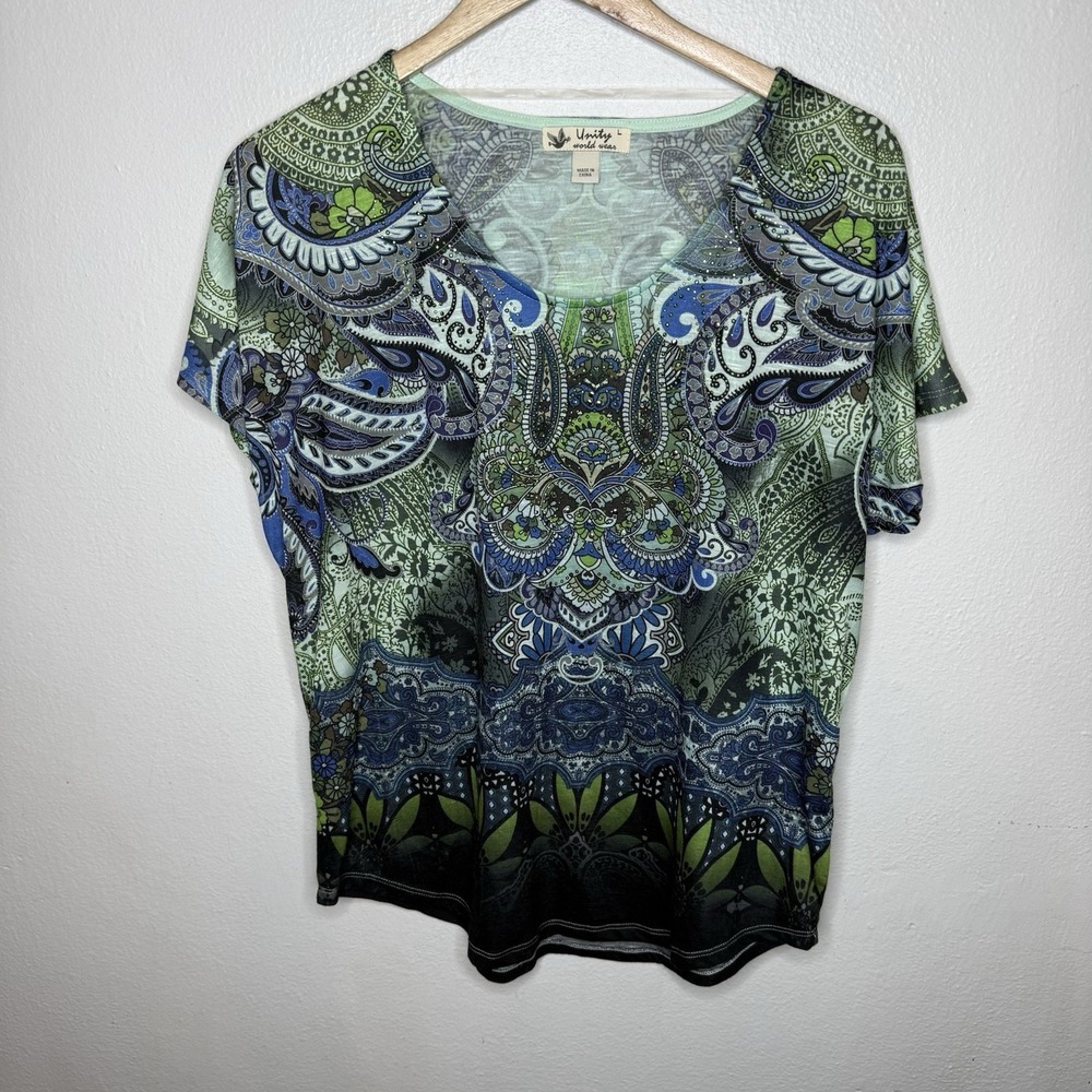Unity World Wear Green Blue Paisley Embellished‎ Tee Shirt T-Shirt Women's Large